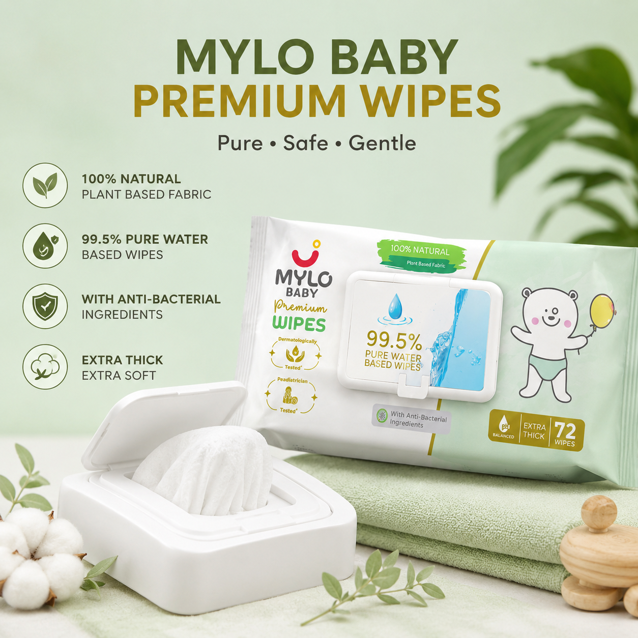 MYLO Baby Premium Water Wipes-72 Pic - Image 2
