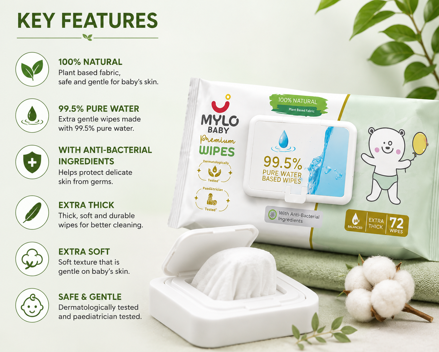 MYLO Baby Premium Water Wipes-72 Pic - Image 3