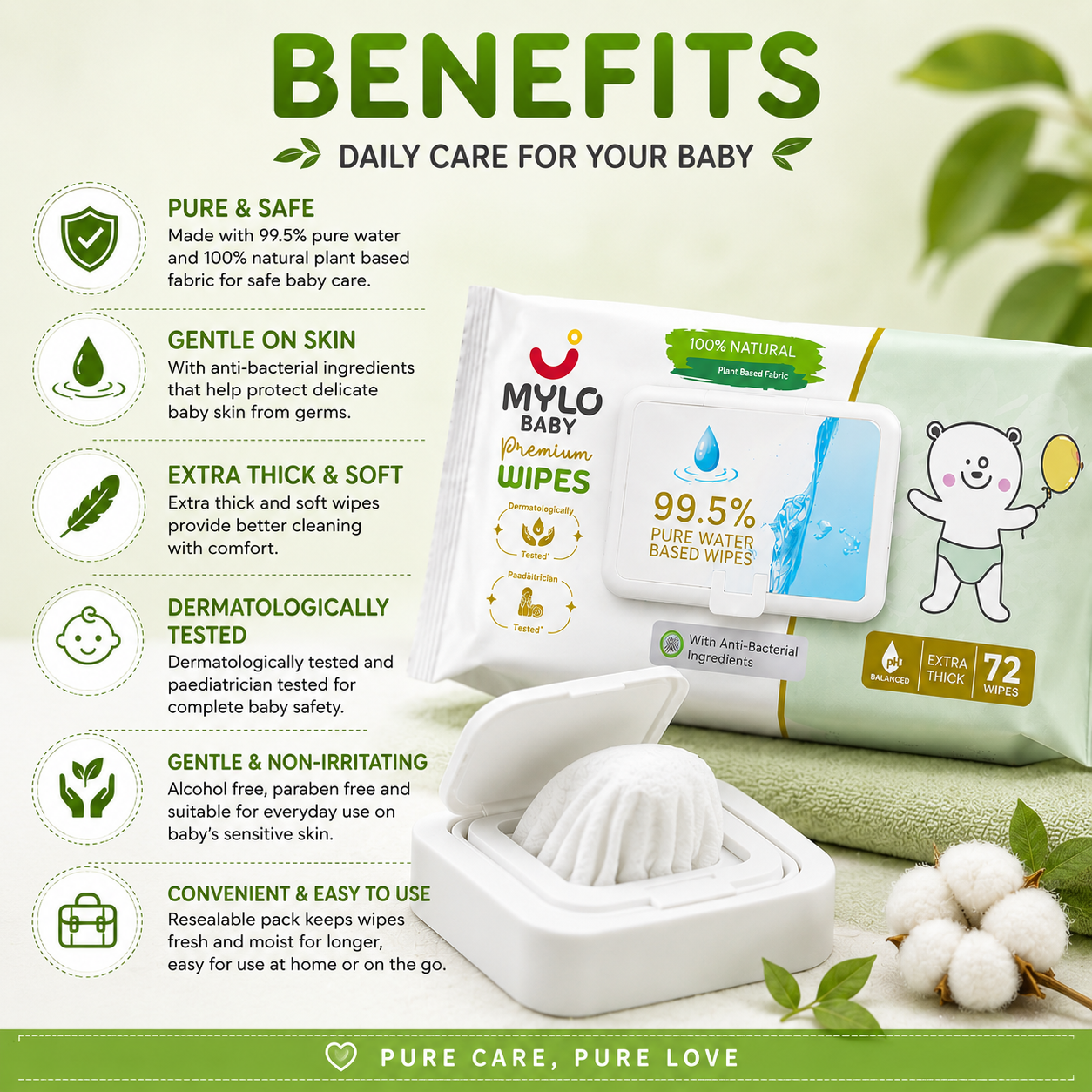 MYLO Baby Premium Water Wipes-72 Pic - Image 4