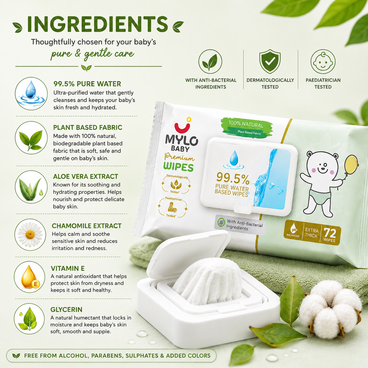 MYLO Baby Premium Water Wipes-72 Pic - Image 5