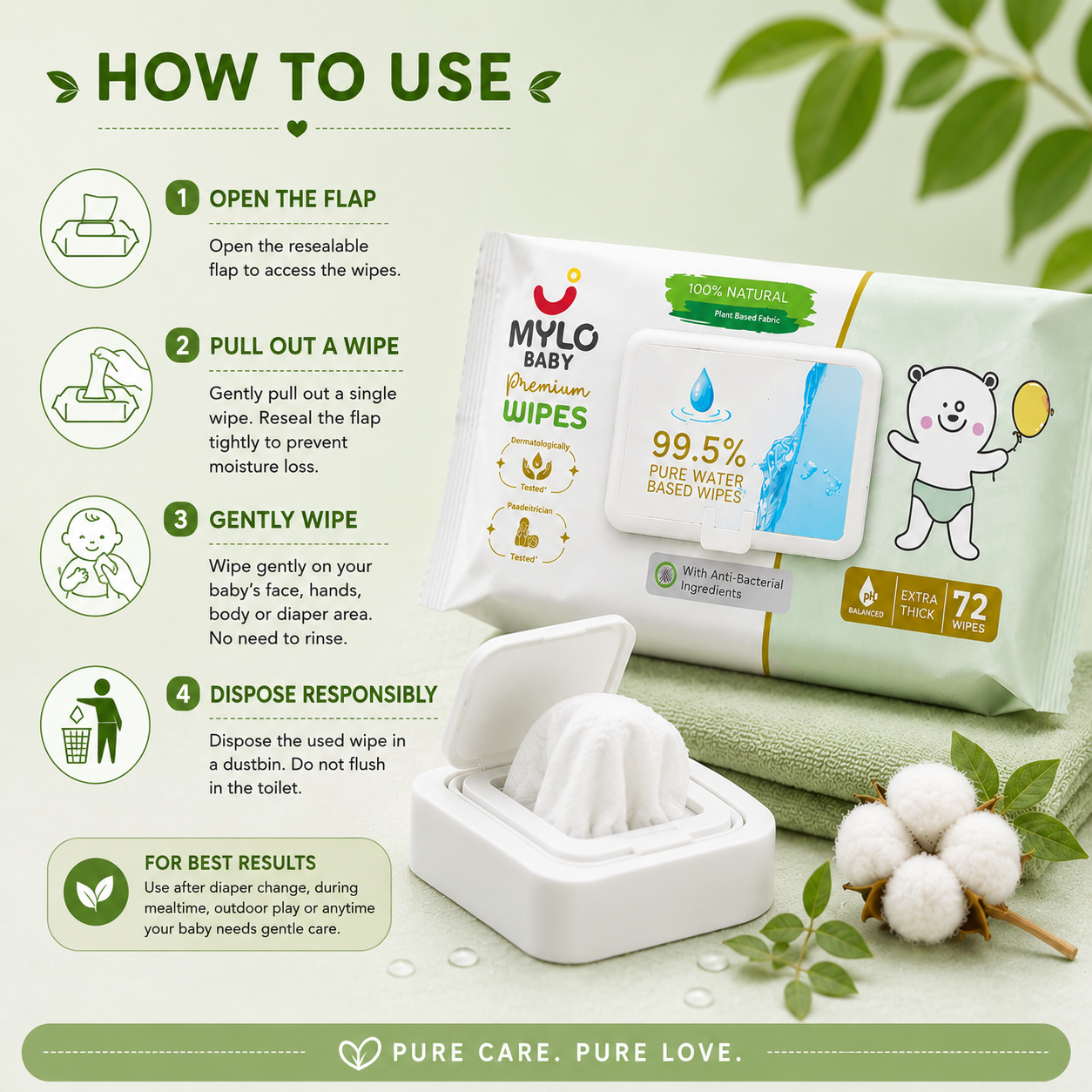 MYLO Baby Premium Water Wipes-72 Pic - Image 6