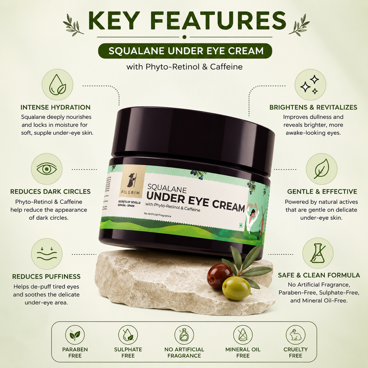 Pilgrim Squalane Under Eye Cream with Phyto-Retinol & Caffeine (30g) - Image 3