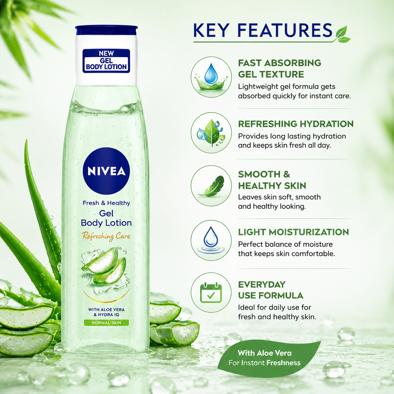 NIVEA Fresh & Healthy Gel Body Lotion with Aloe Vera for Normal Skin -75ml - Image 7