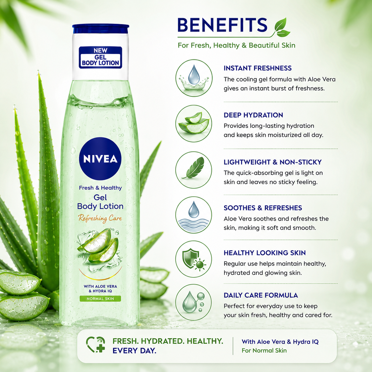 NIVEA Fresh & Healthy Gel Body Lotion with Aloe Vera for Normal Skin -75ml - Image 3