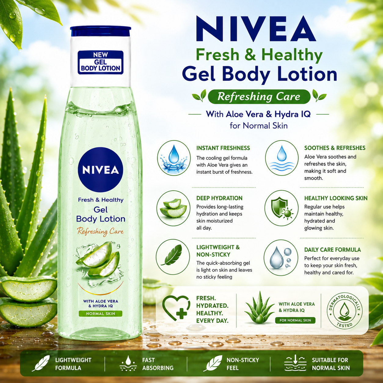 NIVEA Fresh & Healthy Gel Body Lotion with Aloe Vera for Normal Skin -75ml - Image 2