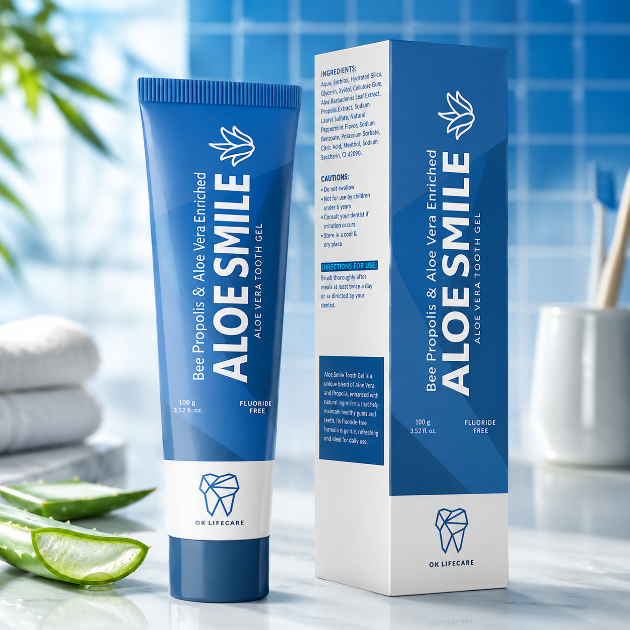 OK Lifecare Aloe Smile Aloe Vera Tooth Gel – Bee Propolis Enriched Fluoride-Free Toothpaste -100g - Image 2