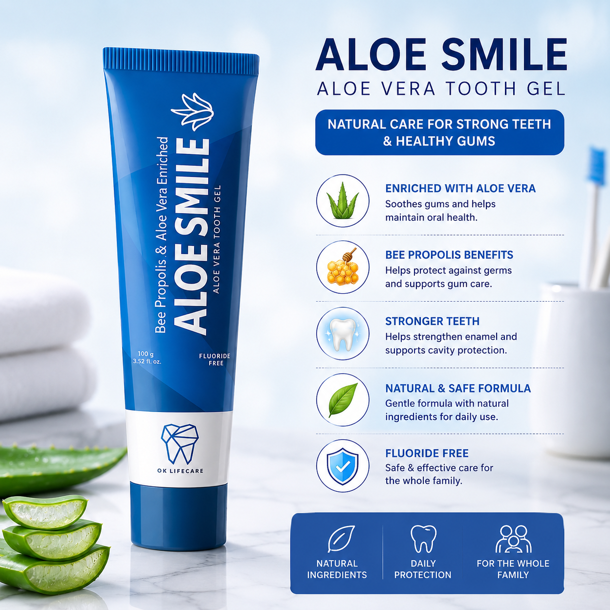OK Lifecare Aloe Smile Aloe Vera Tooth Gel – Bee Propolis Enriched Fluoride-Free Toothpaste -100g - Image 3