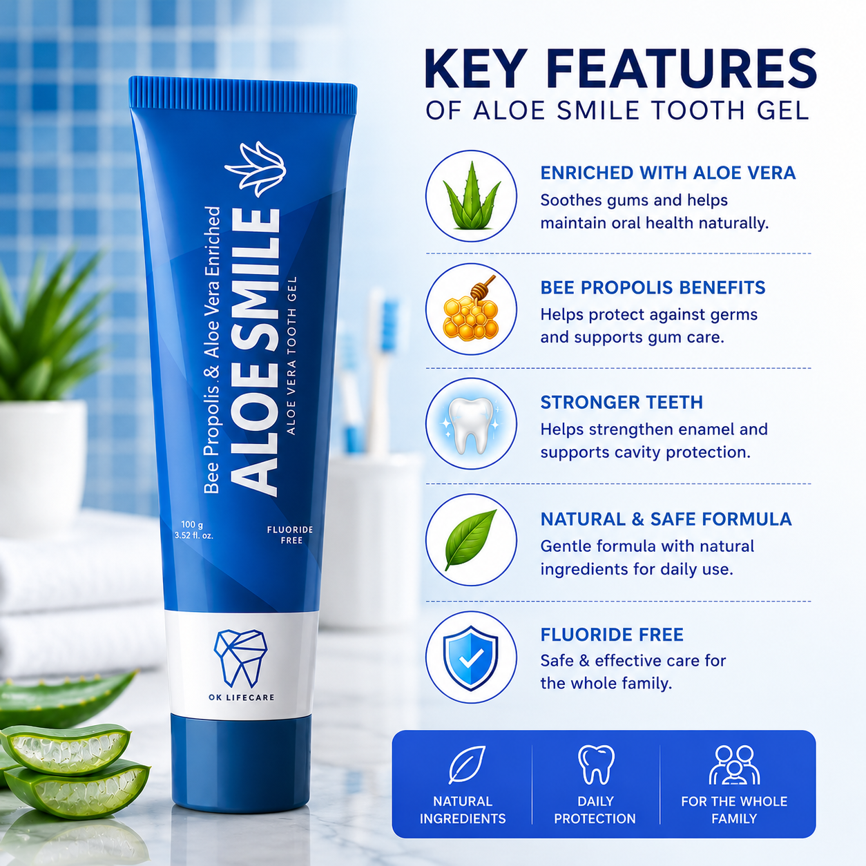 OK Lifecare Aloe Smile Aloe Vera Tooth Gel – Bee Propolis Enriched Fluoride-Free Toothpaste -100g - Image 4
