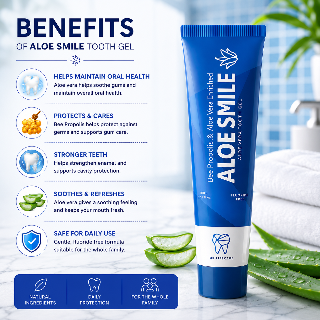 OK Lifecare Aloe Smile Aloe Vera Tooth Gel – Bee Propolis Enriched Fluoride-Free Toothpaste -100g - Image 5