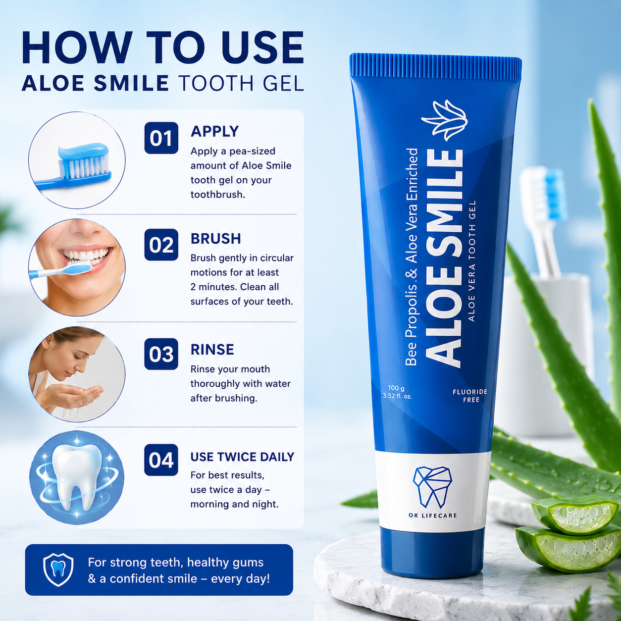 OK Lifecare Aloe Smile Aloe Vera Tooth Gel – Bee Propolis Enriched Fluoride-Free Toothpaste -100g - Image 6