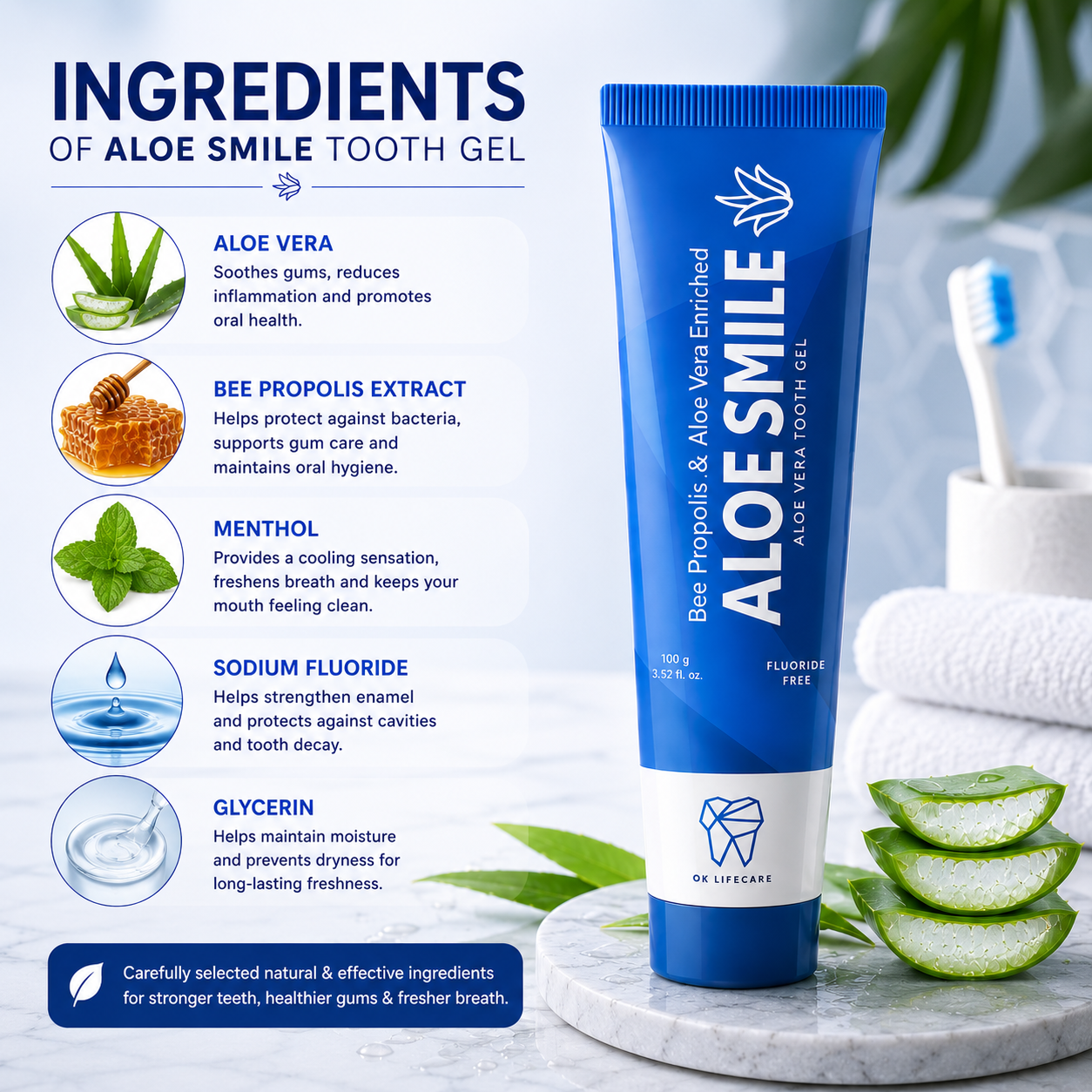 OK Lifecare Aloe Smile Aloe Vera Tooth Gel – Bee Propolis Enriched Fluoride-Free Toothpaste -100g - Image 7