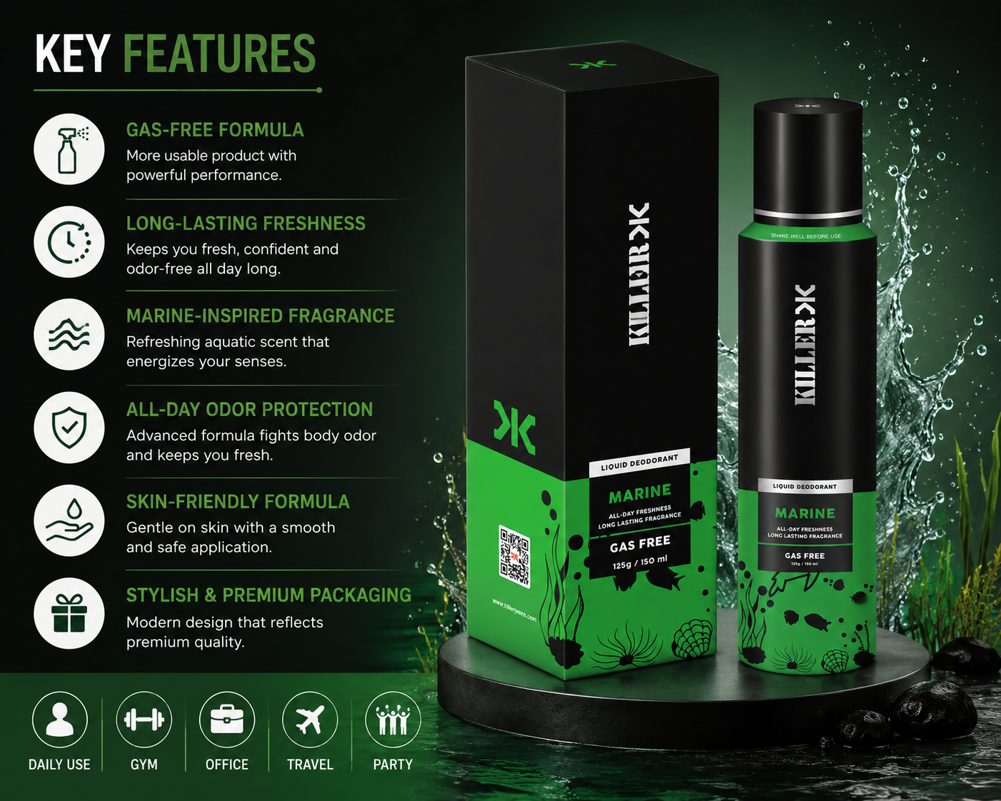 Killer Marine Liquid Deodorant Spray for Men – Gas Free Long Lasting Freshness | 150ml - Image 2