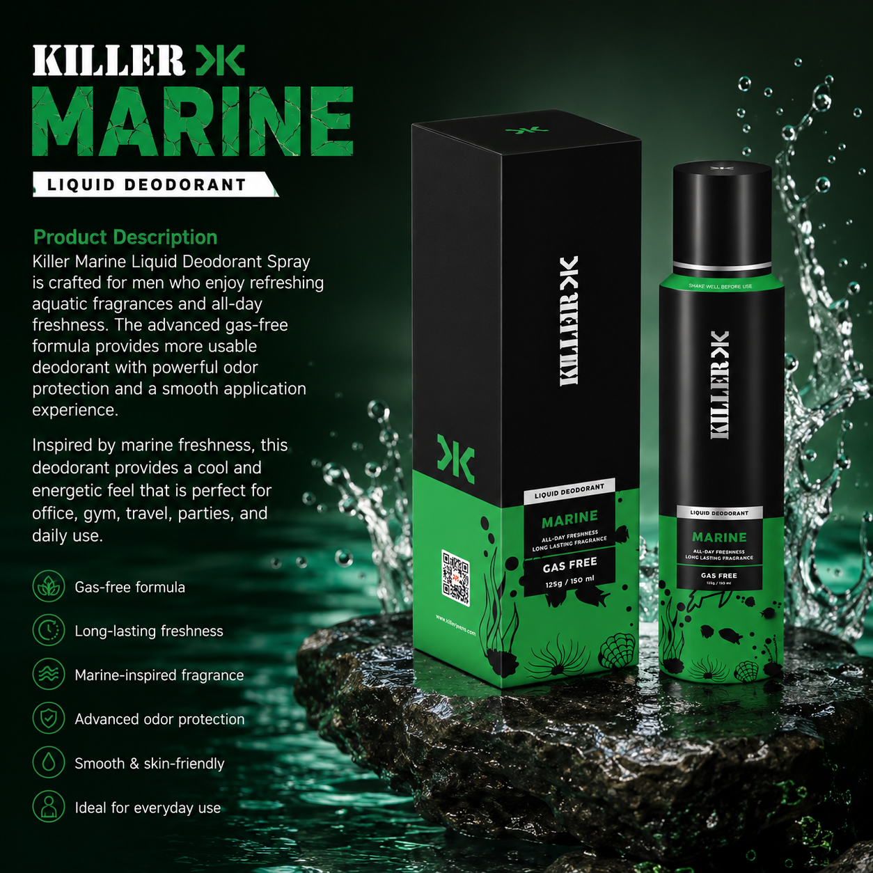 Killer Marine Liquid Deodorant Spray for Men – Gas Free Long Lasting Freshness | 150ml - Image 3