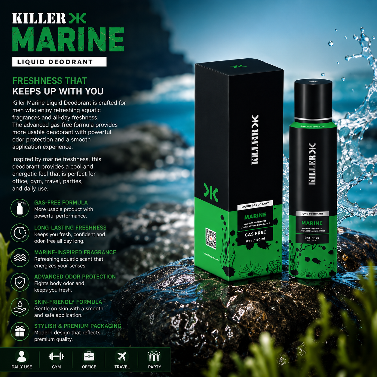 Killer Marine Liquid Deodorant Spray for Men – Gas Free Long Lasting Freshness | 150ml - Image 4