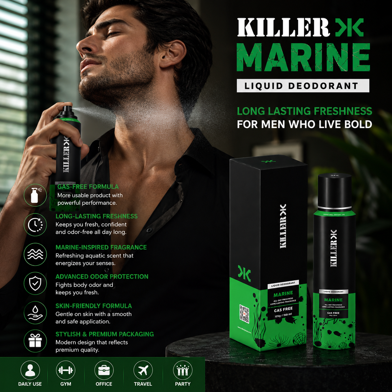 Killer Marine Liquid Deodorant Spray for Men – Gas Free Long Lasting Freshness | 150ml - Image 5