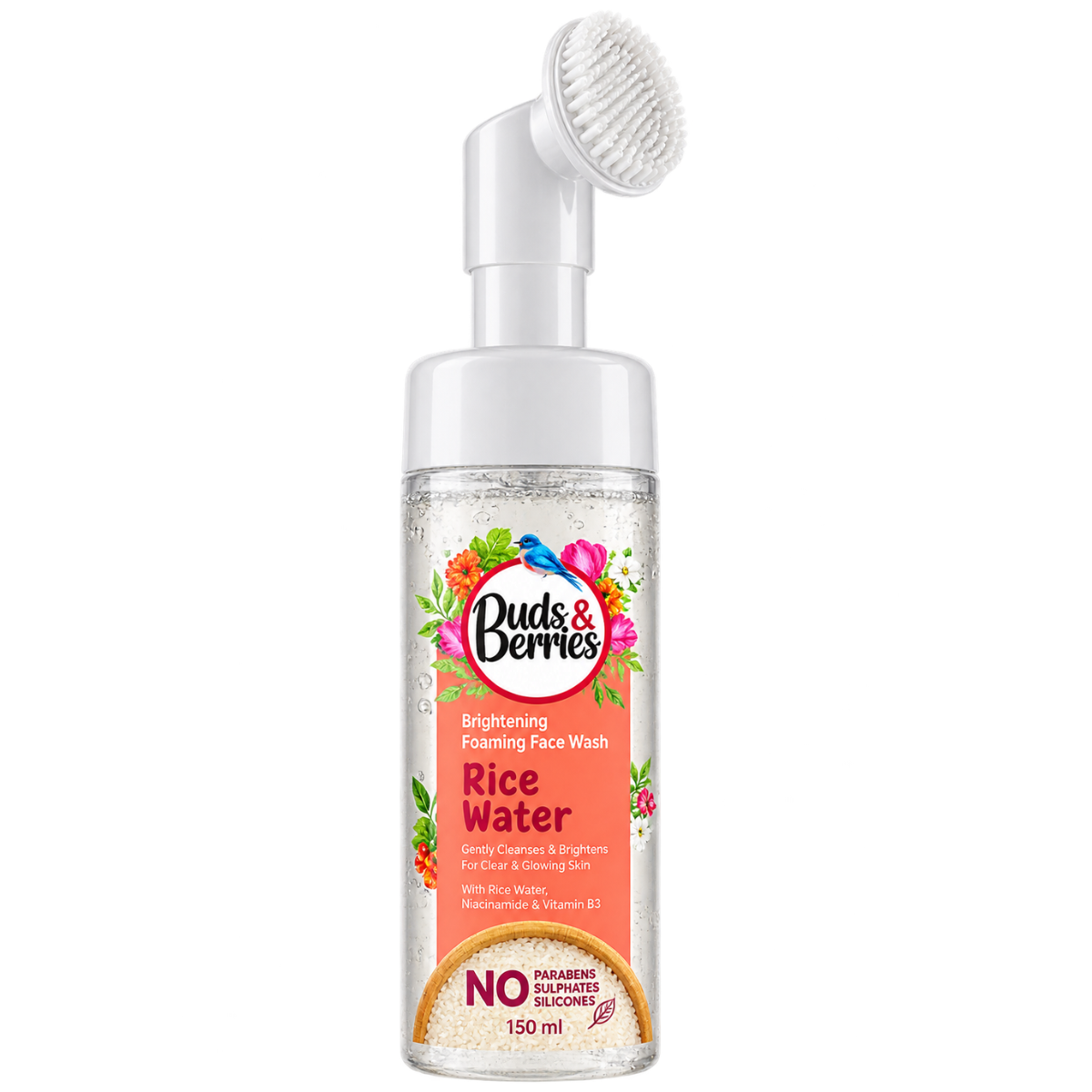 Buds & Berries Moisturising Foaming Face Wash with Rice Water (with Built-in Brush) - 100ml
