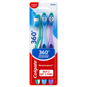 Colgate 360 Whole Mouth Clean Medium Toothbrush (Pack of 3 - Buy 2 Get 1 Free) | Germ Removal & Complete Oral Care