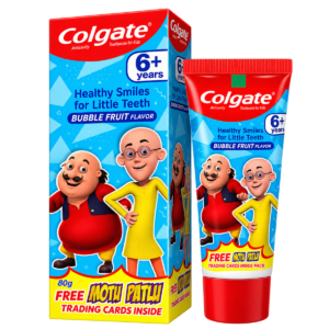 Colgate Kids Anticavity Toothpaste (6+ Years) - Bubble Fruit Flavour, 80g | Motu Patlu Edition with Free Trading Cards | Enamel & Cavity Protection for Kids