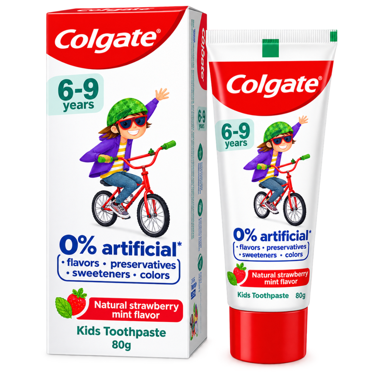 Colgate Kids Toothpaste (6-9 Years) - Natural Strawberry Mint Flavour, 80g | 0% Artificial Flavours, Preservatives, Sweeteners & Colours | Cavity Protection for Growing Teeth