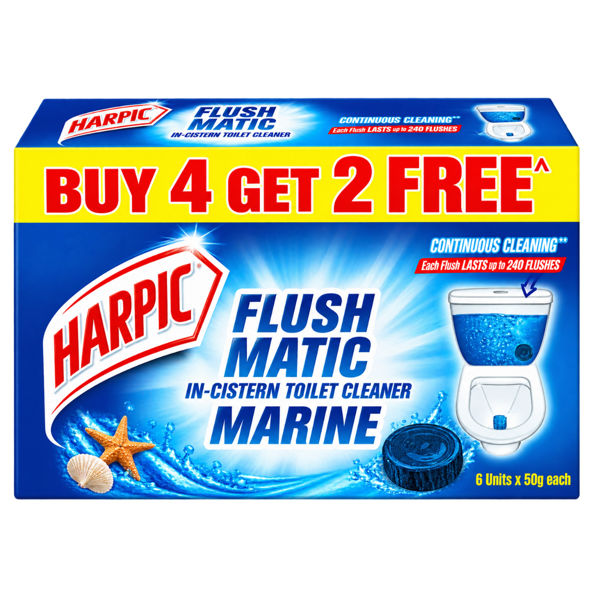 Harpic Flushmatic In-Cistern Toilet Cleaner Blocks - Marine (Buy 4 Get 2 Free Combo, 6 x 50g)