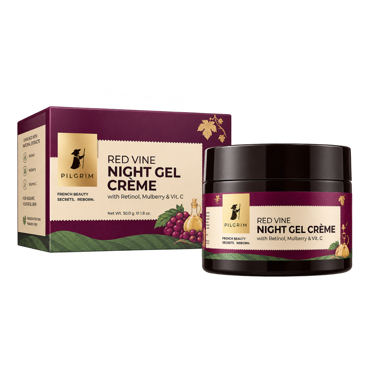 Pilgrim Red Vine Night Gel Crème with Retinol, Mulberry & Vit. C – 50g