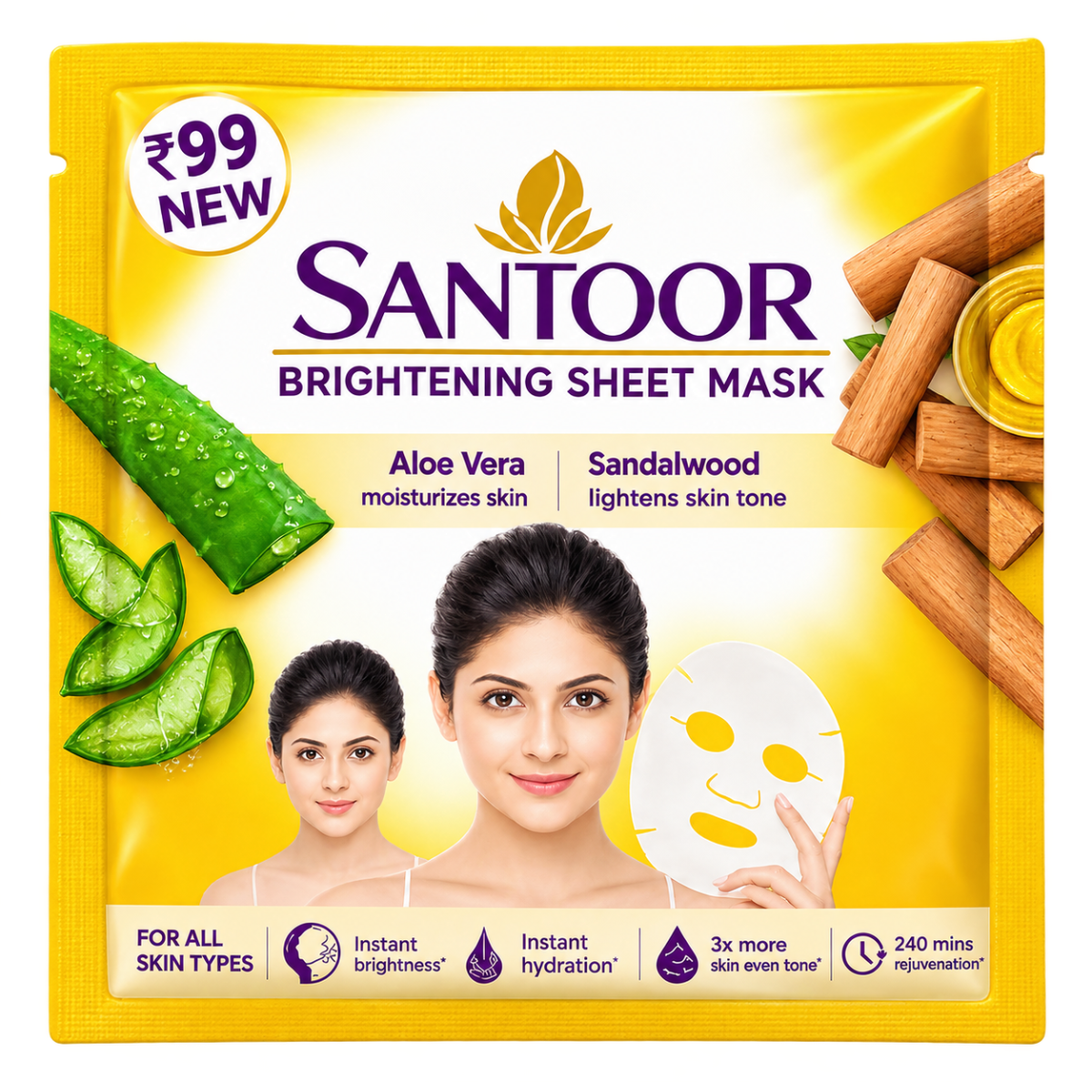 Santoor Brightening Sheet Mask - Aloe Vera & Sandalwood - 17ml