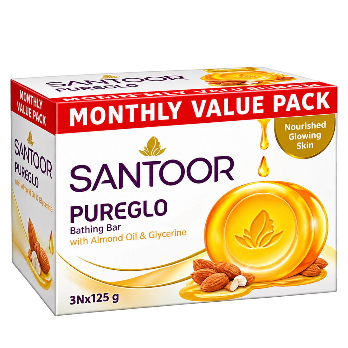 Santoor Pureglo Bathing Bar Soap with Almond Oil & Glycerine (Monthly Value Pack) - 3 x 125 g