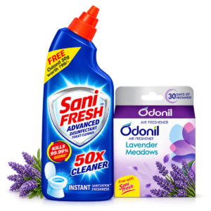 Sani Fresh Advanced Disinfectant Toilet Cleaner Liquid - 1L with Free Odonil Lavender Meadows Air Freshener Block (48g)