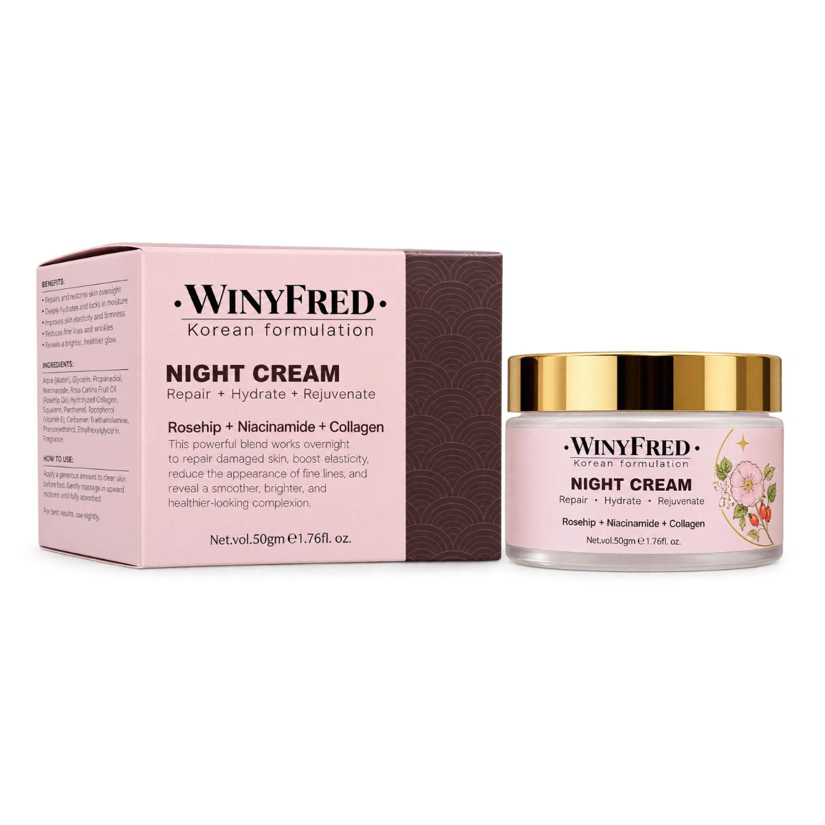 WinyFred Korean Formulation Night Cream (Rosehip + Niacinamide + Collagen) - 50g