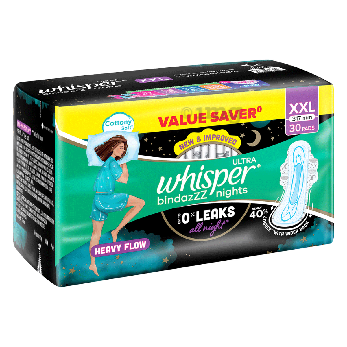 Whisper Ultra Bindazzz Nights XXL Sanitary Pads (317mm) - Value Saver Pack of 30