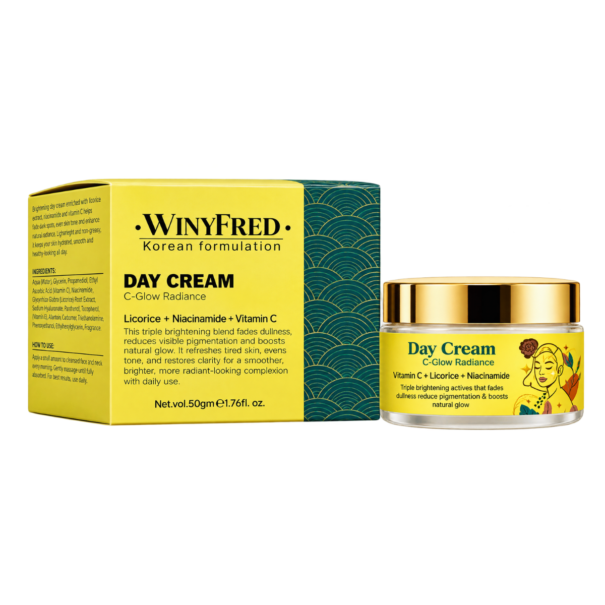 WinyFred Korean Formulation Day Cream C Glow Radiance with Licorice, Niacinamide & Vitamin C - 50 g