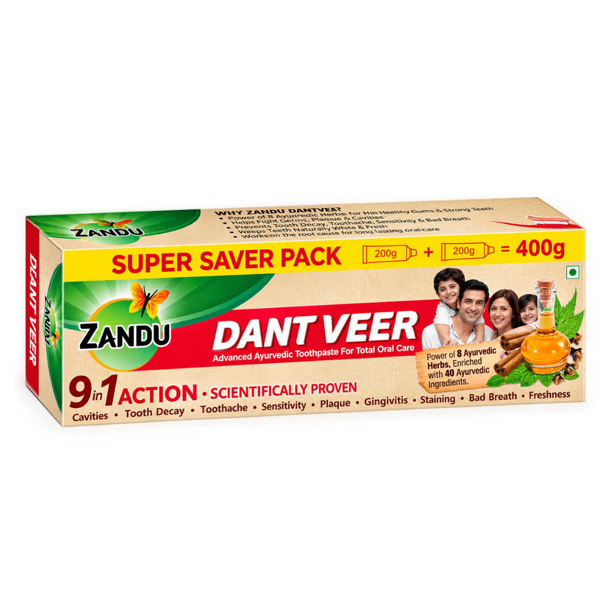 Zandu Dantveer Advanced Ayurvedic Toothpaste - 400g (Super Saver Pack 2 x 200g) | India’s 1st Toothpaste with Irimedadi Taila | 9-in-1 Action for Total Oral Care