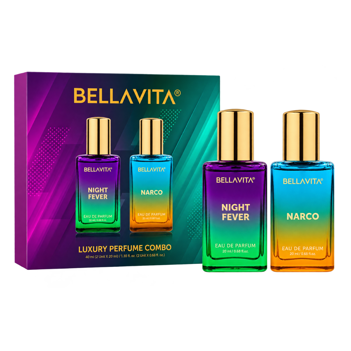 BELLAVITA Luxury Narco & Night Fever EDP Perfume Combo (2 x 20 ml = 40 ml) | Long-Lasting Unisex Citrus & Woody Fragrance Gift Set