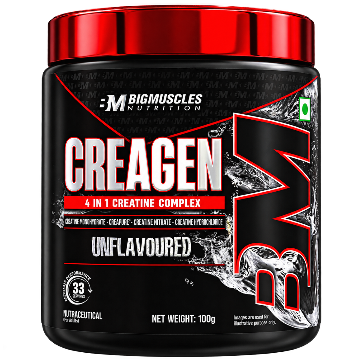 Bigmuscles Nutrition Creagen (100g, Unflavoured, 33 Servings) | 4-in-1 Advanced Creatine Complex (Monohydrate, Creapure, Nitrate, Hydrochloride) | Dope Free High Absorption Powder