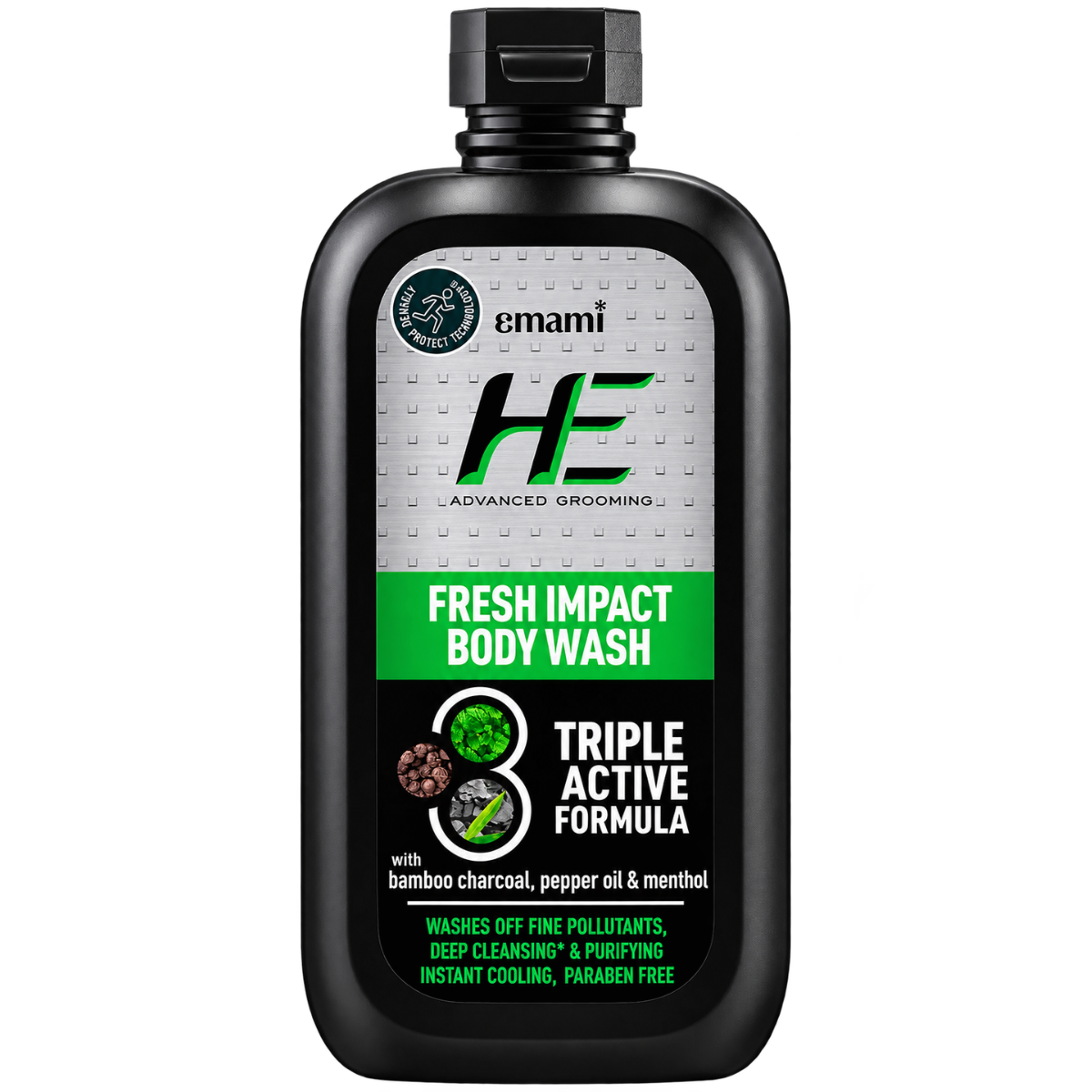Emami HE Fresh Impact 3-in-1 Body Wash, Face Wash & Shampoo – 200 ml | With Bamboo Charcoal, Pepper Oil & Menthol