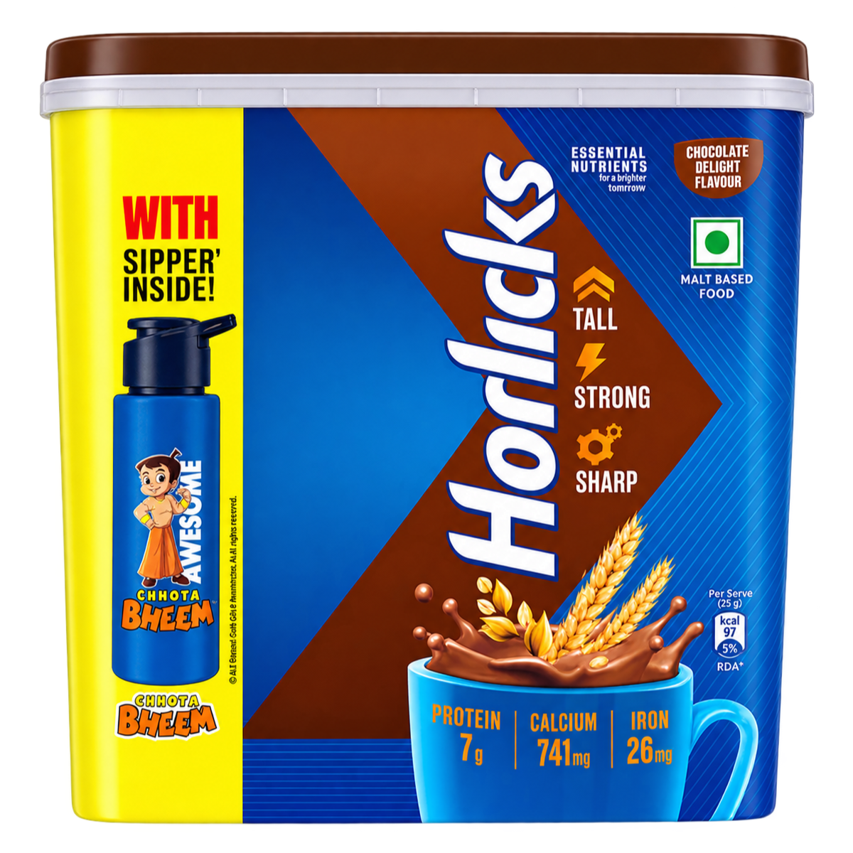 Horlicks Chocolate Delight Health Drink Powder – 1kg Pack (500g × 2) with Free Chhota Bheem Sipper Bottle