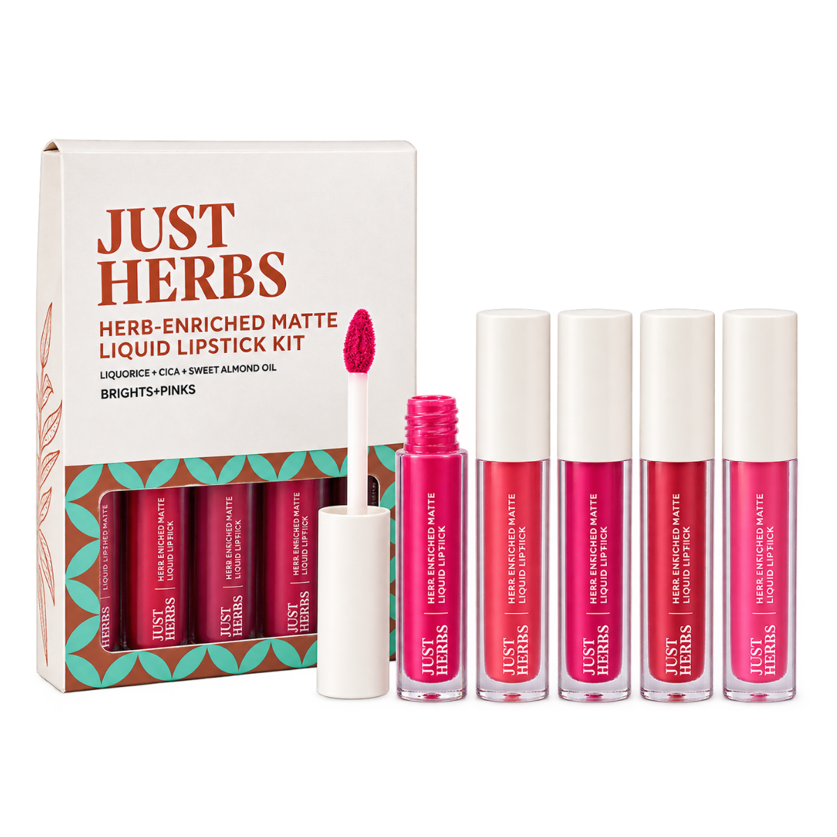Just Herbs Herb-Enriched Matte Liquid Lipstick Kit Set of 5 - Brights & Pinks (5 ml) | Ayurvedic Long-Lasting & Hydrating Lip Colors
