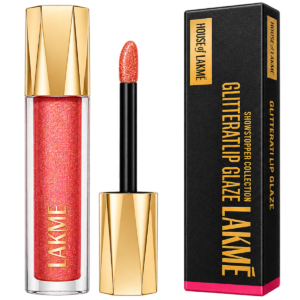 Lakmé Glitterati Lip Glaze with Vegan Collagen - 202 Peach Punch (5 ml) | High Shine Plumping Lip Gloss