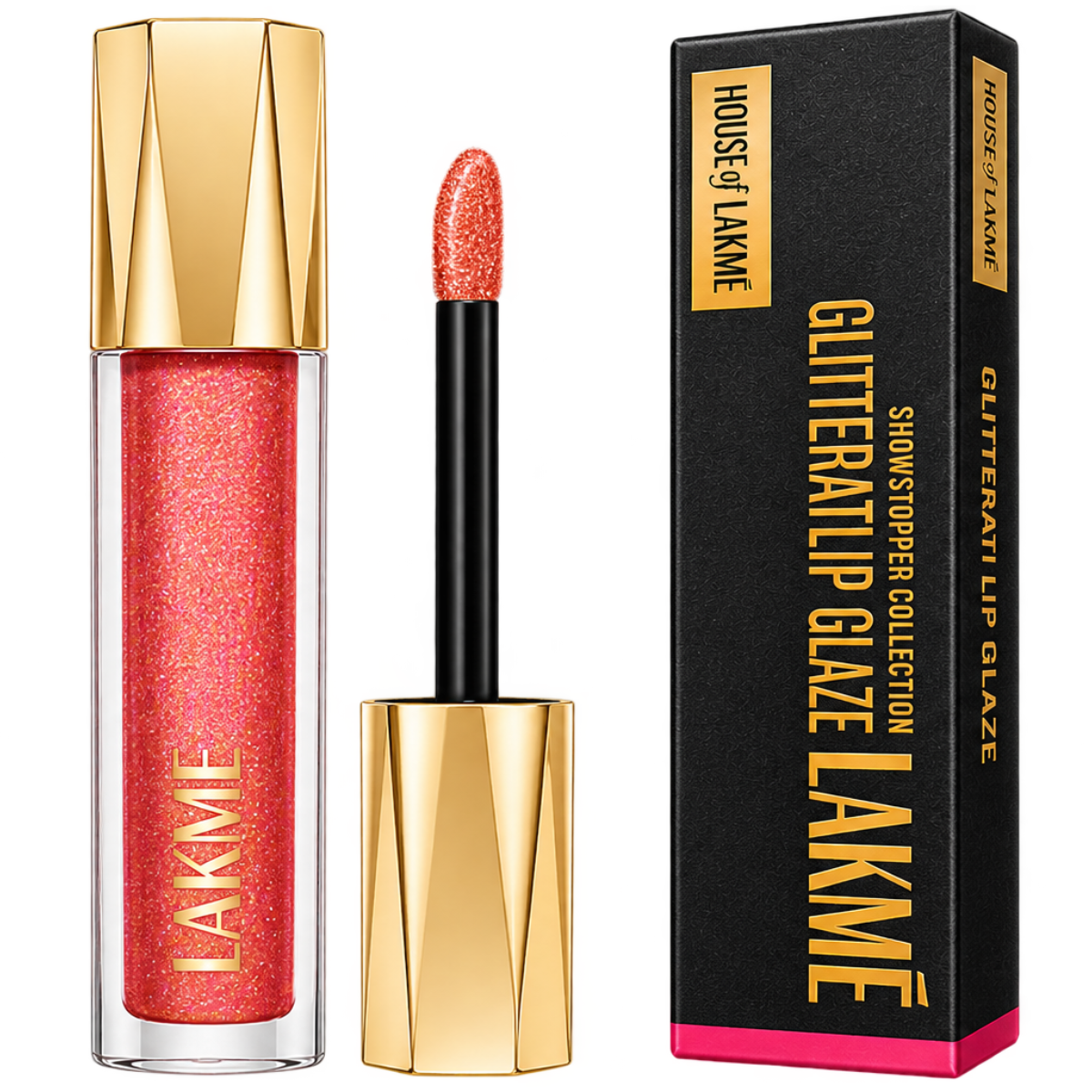 Lakmé Glitterati Lip Glaze with Vegan Collagen - 202 Peach Punch (5 ml) | High Shine Plumping Lip Gloss