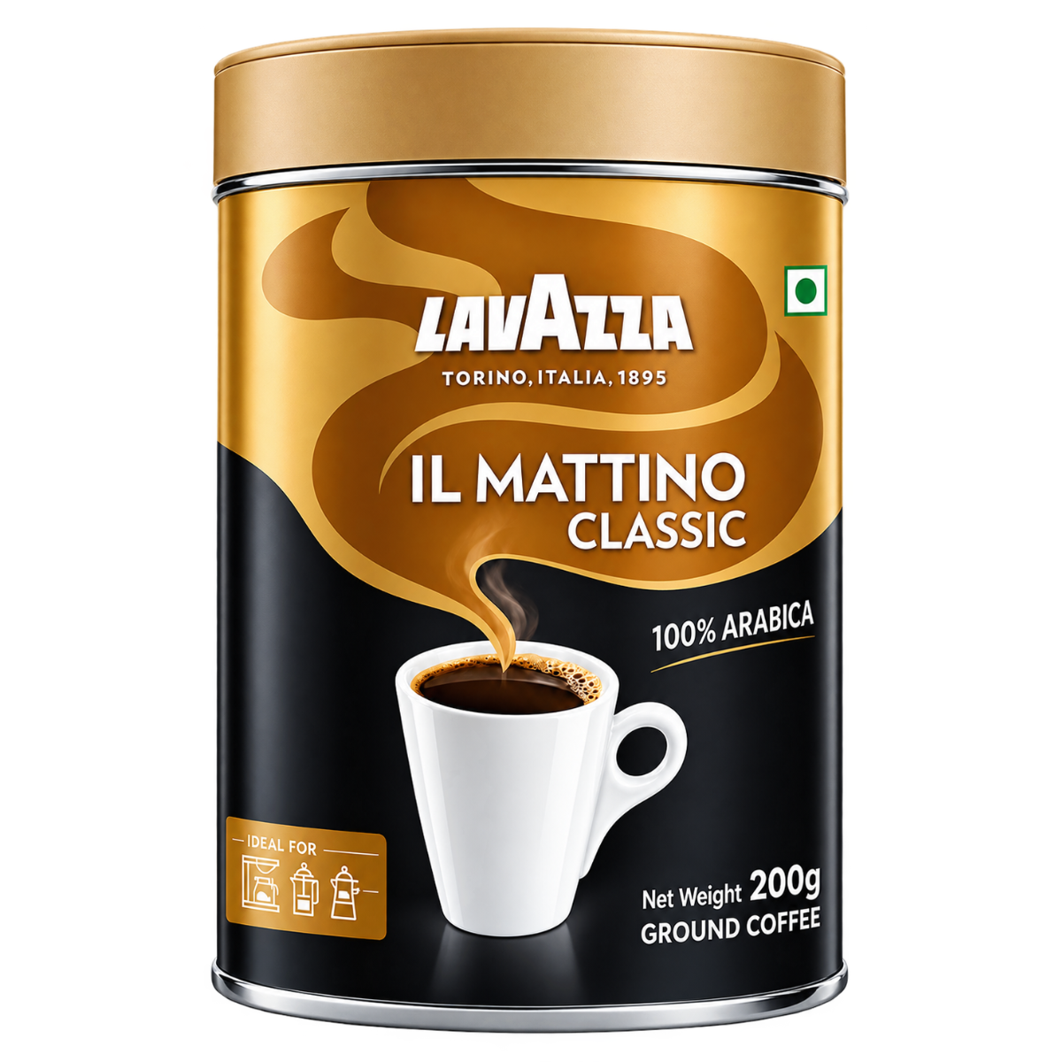 Lavazza Il Mattino Classic Pure Ground Coffee (200g Tin) | 100% Premium Arabica Medium Roast | Intensity 5 with Notes of Cereals & Chocolate