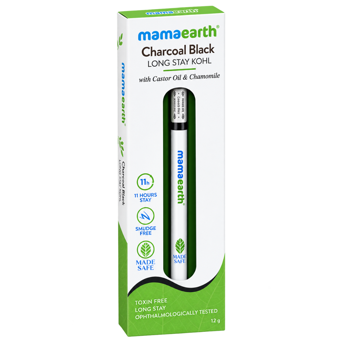 Mamaearth Charcoal Black Long Stay Kohl Kajal Pencil with Castor Oil & Chamomile (1.2g) - Free Sharpener Included