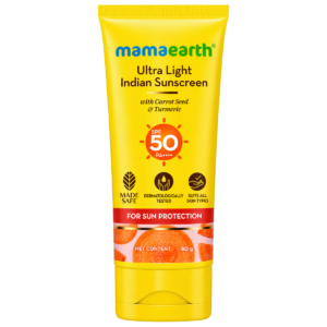 Mamaearth Ultra Light Indian Sunscreen Lotion - SPF 50 PA++++ (80 g) | Broad Spectrum UVA & UVB Tan Protection with Turmeric & Carrot Seed