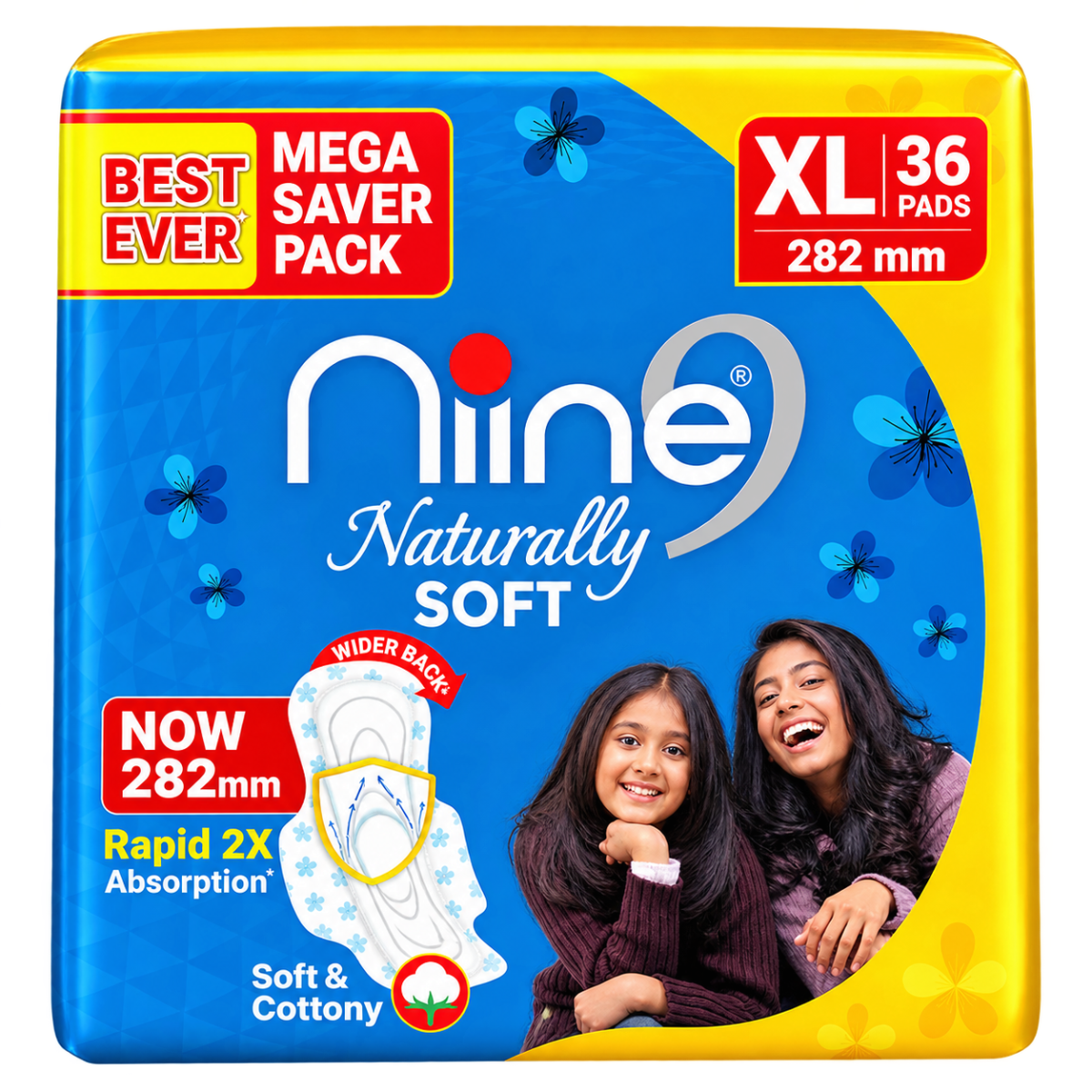 NIINE Naturally Soft XL Sanitary Pads – 282mm (36 Pads, Mega Saver Pack)
