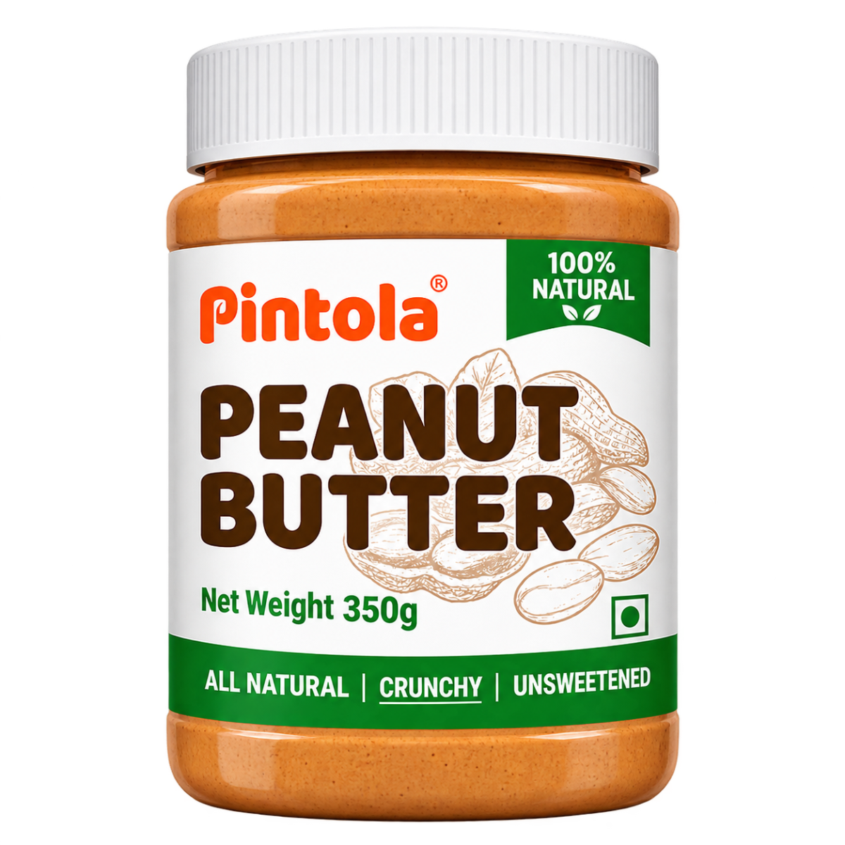 Pintola All Natural Peanut Butter Unsweetened (350g) | 100% Pure Roasted Peanuts | 30g High Protein | Vegan, Gluten-Free & Non-GMO