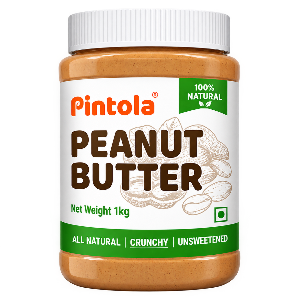 Pintola All Natural Peanut Butter Unsweetened (1kg Jar) | 100% Pure Roasted Peanuts | 30g High Protein | Vegan, Gluten-Free & Non-GMO
