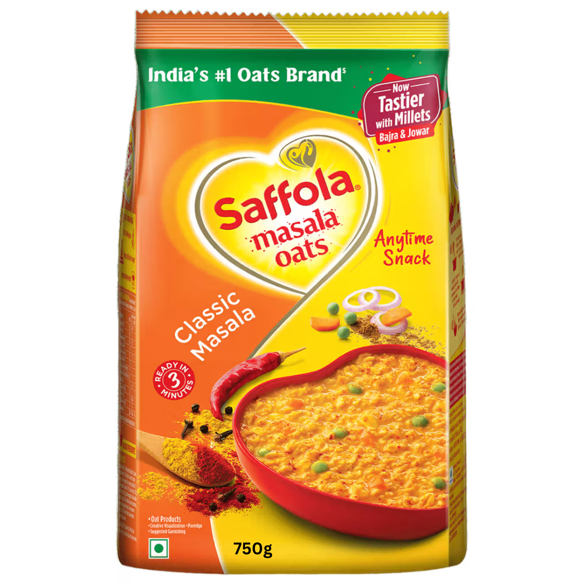 Saffola Masala Oats Classic Masala (750g) | Tasty Anytime Snack with Millets (Bajra & Jowar) | Ready in 3 Minutes