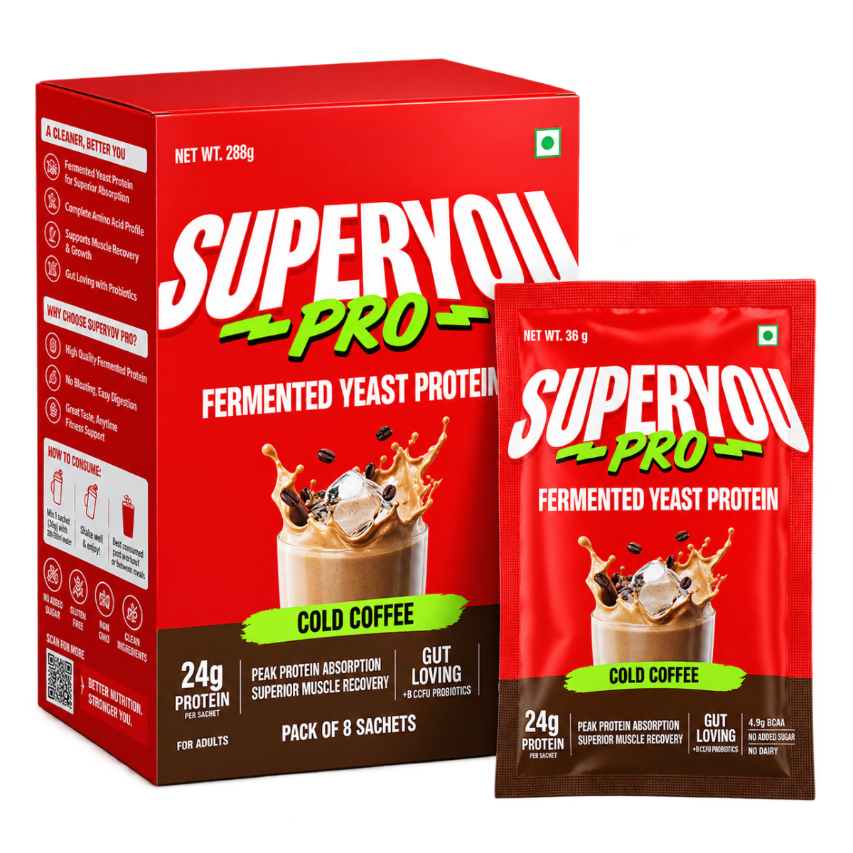 Superyou Pro Fermented Yeast Protein (Pack of 8, Cold Coffee Flavor) | 24g Protein, 4.92g BCAA & Probiotics | Dairy-Free & Zero Added Sugar